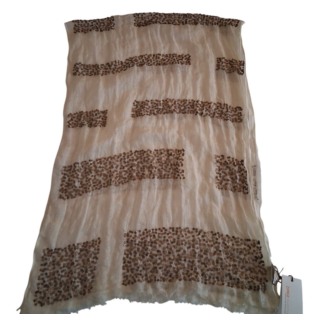 NWT Mala Collection Women Cream Scarf Bronze Sequin Square Lightweight Linen-OS